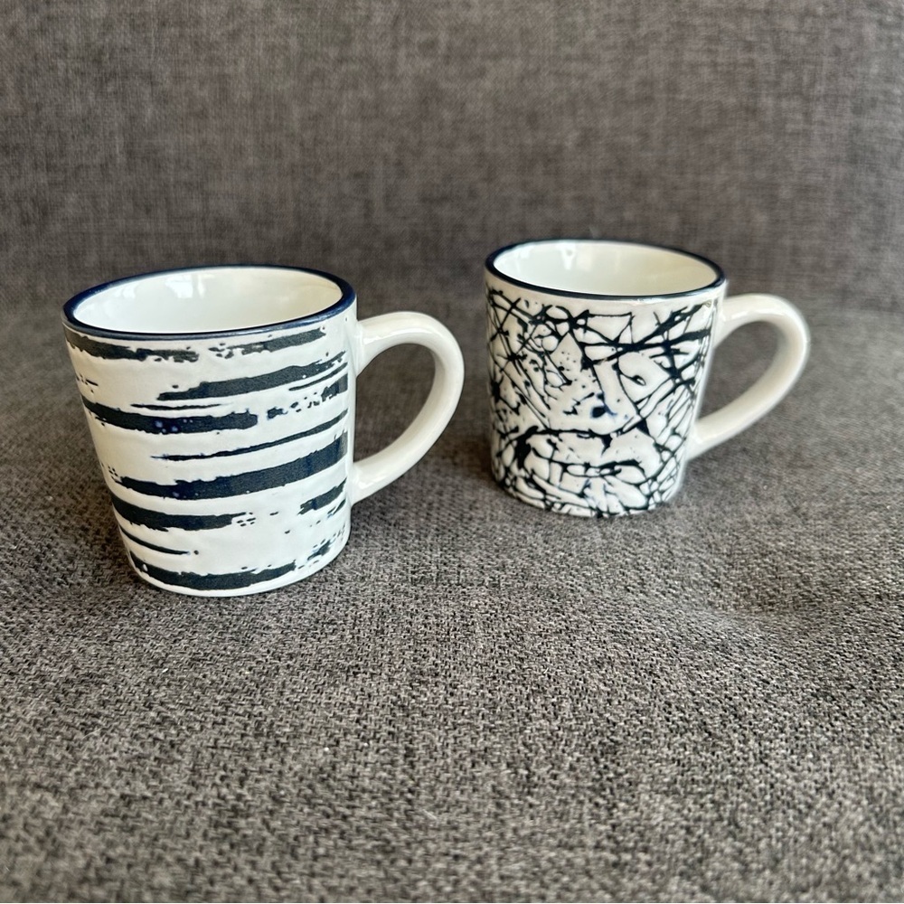 Set/2 Abstract Espresso Cups, Navy Blue, White, 2 oz